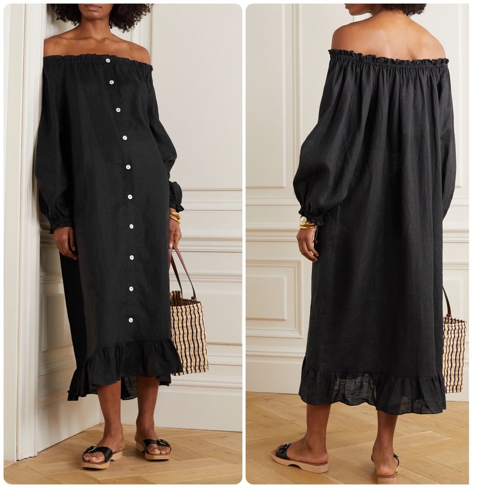 New! Sleeper Caviar Ruffled Off-Shoulder Black Button Front Midi Dress 🖤 OS - Picture 5 of 16